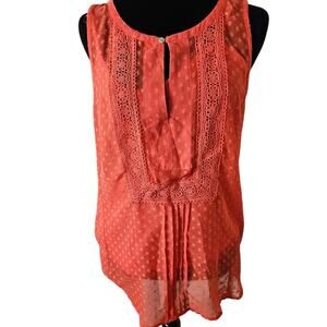 Daniel Rainn Coral Polka Dot Sleeveless Blouse Lace Bib Keyhole Size Small
